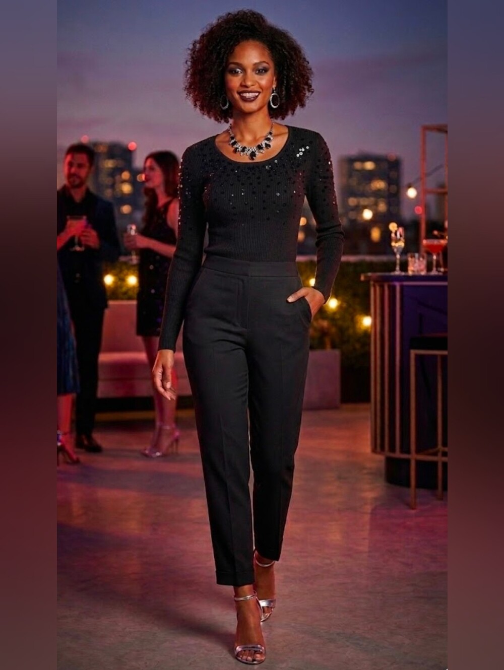 Lauren Michelle Sequined  Ribbed Sweater, Size Medium Black